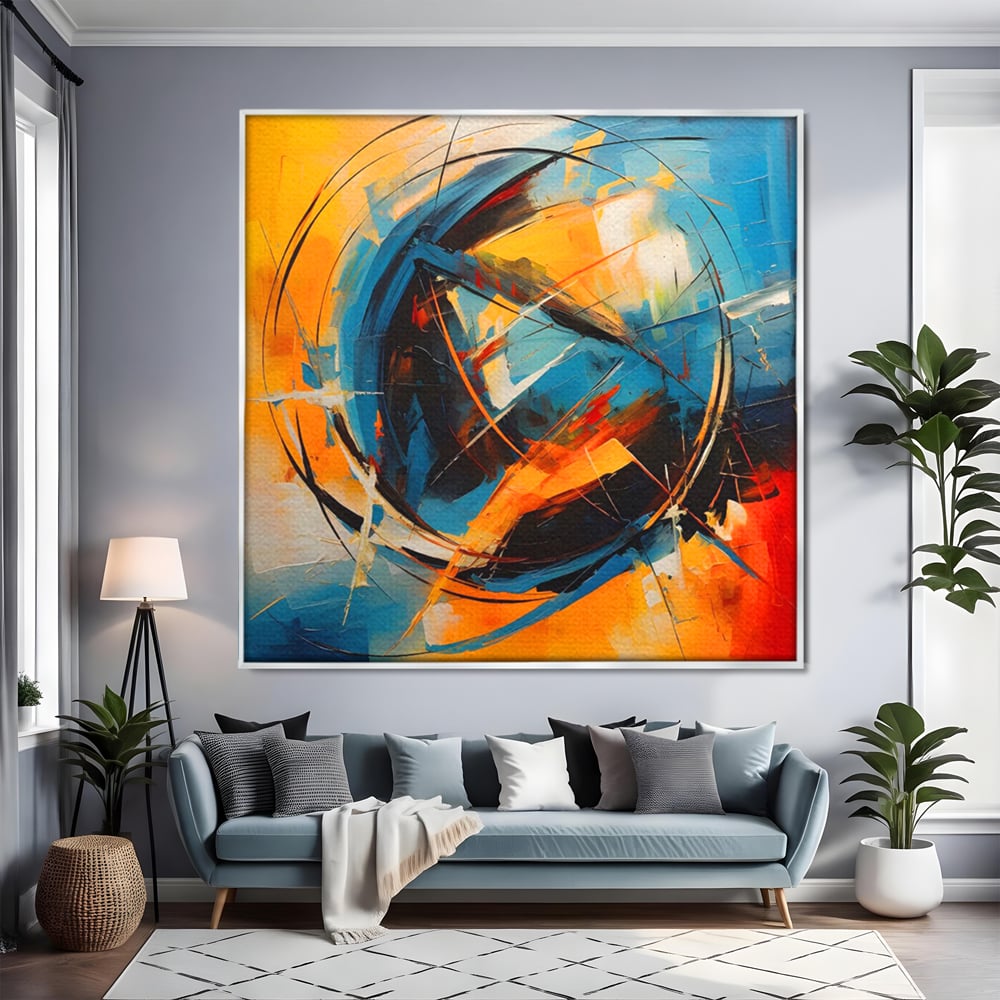 Tablou canvas cu pictura abstracta cu cercuri si linii, in rama de aluminiu argintiu, pe perete intr-un living